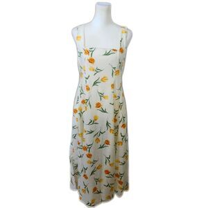 Joie Linen Blend Square Neck Midi Sundress, Yellow Roses, w/ Cardigan, 8